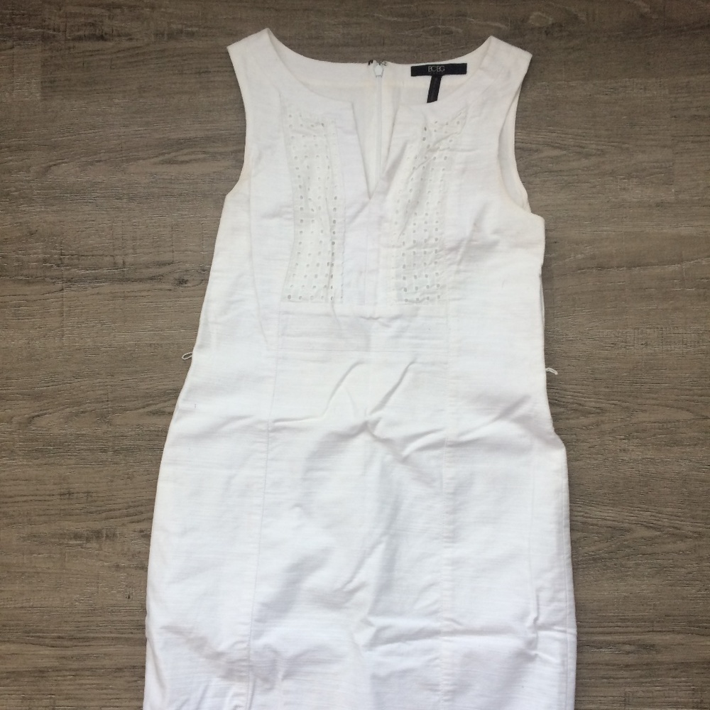 White dress from BCBG with eyelet detail